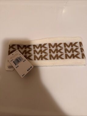 Michael Kors Cream and Gold MK Logo Knit Headband
